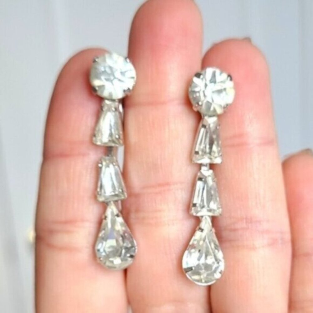 Vintage Jay Flex Sterling Silver Crystal Geometric Drop Dangle Earrings